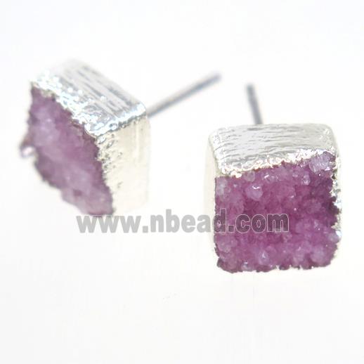 pink druzy quartz earring studs, square, silver plated