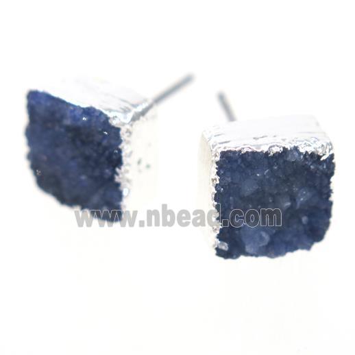 blue druzy quartz earring studs, square, silver plated