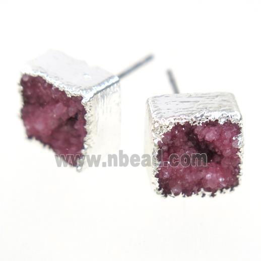 red druzy quartz earring studs, square, silver plated