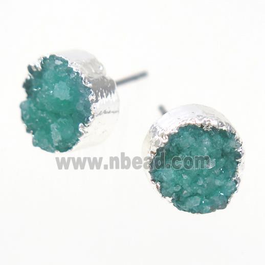 green druzy quartz earring studs, circle, silver plated