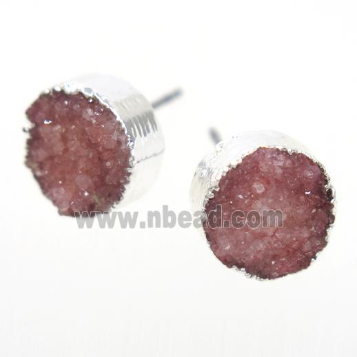 red druzy quartz earring studs, circle, silver plated