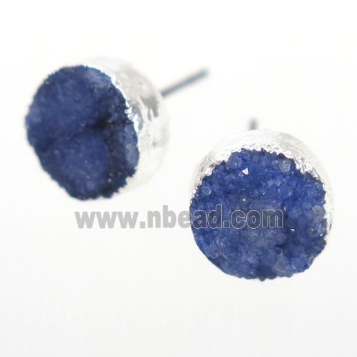 blue druzy quartz earring studs, circle, silver plated