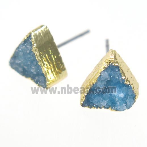 blue druzy quartz earring studs, triangle, gold plated