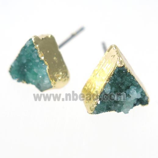 green druzy quartz earring studs, triangle, gold plated