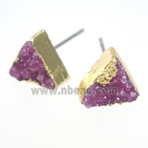 pink druzy quartz earring studs, triangle, gold plated