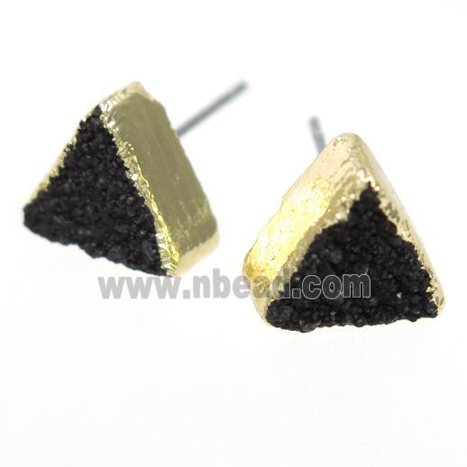 black druzy quartz earring studs, triangle, gold plated