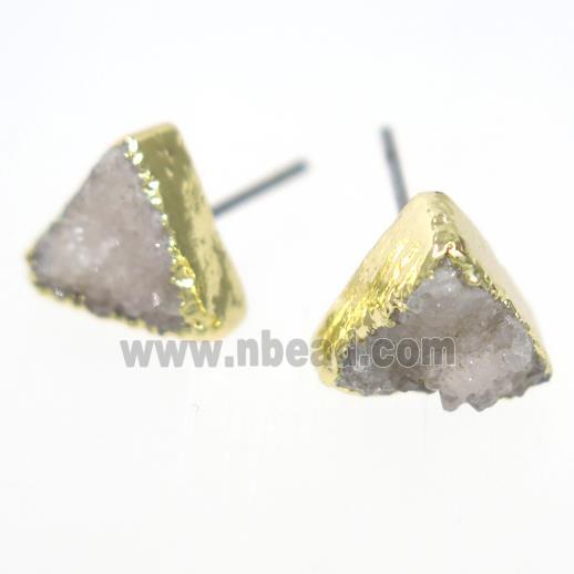 white druzy quartz earring studs, triangle, gold plated