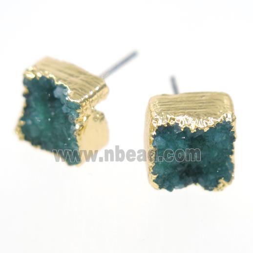 green druzy quartz earring studs, square, gold plated