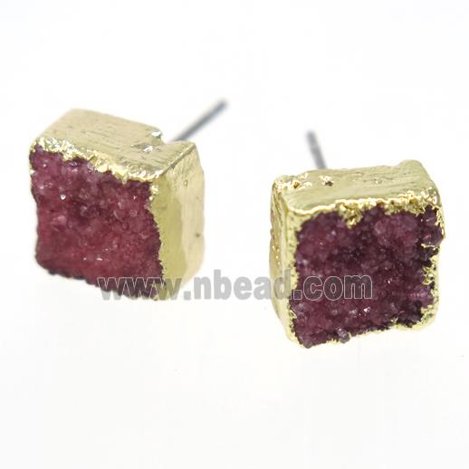 red druzy quartz earring studs, square, gold plated
