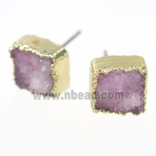 pink druzy quartz earring studs, square, gold plated