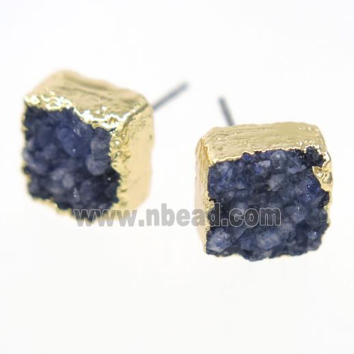 blue druzy quartz earring studs, square, gold plated