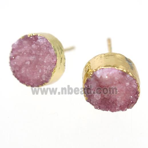pink druzy quartz earring studs, circle, gold plated