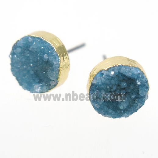 blue druzy quartz earring studs, circle, gold plated