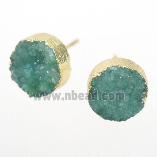 green druzy quartz earring studs, circle, gold plated