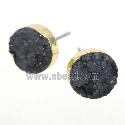 black druzy quartz earring studs, circle, gold plated