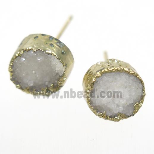 white Druzy quartz earring studs, circle, gold plated