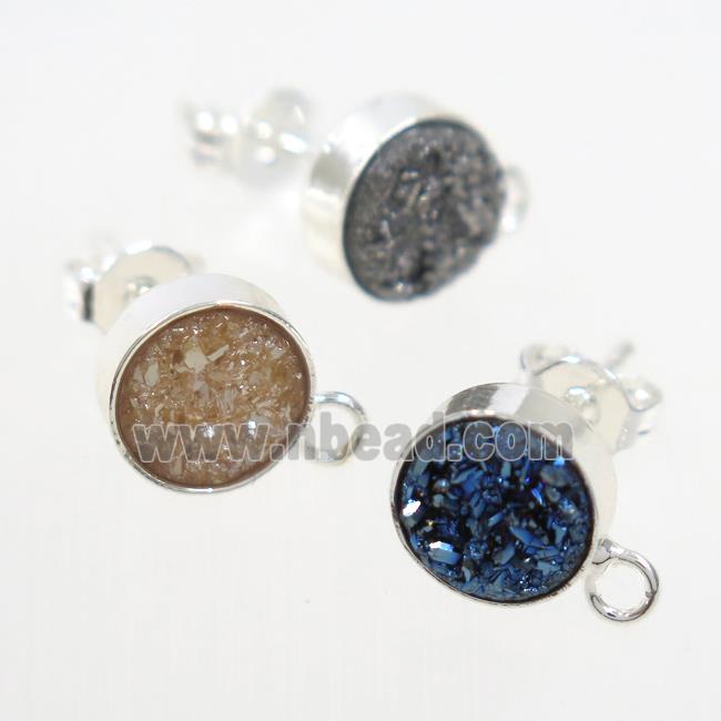 mix color druzy quartz earring studs, silver plated