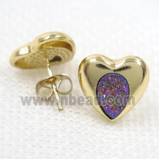rainbow druzy quartz earring studs, heart, gold plated