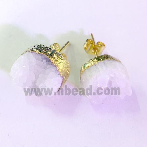 white solar quartz druzy earring studs, gold plated