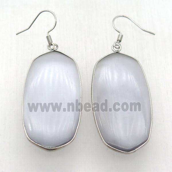 white cat eye glass oval Hook Earring, platinum plated