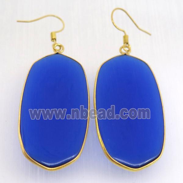 blue cat eye glass oval Hook Earring, platinum plated