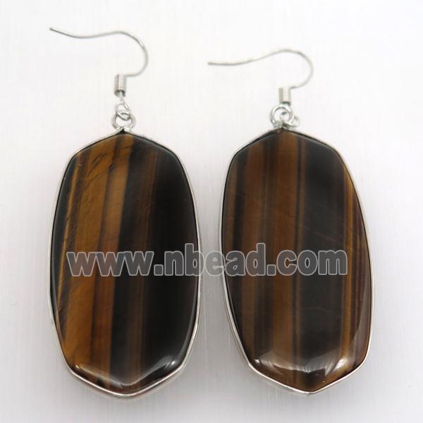tiger eye stone oval Hook Earring, platinum plated