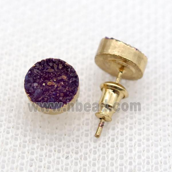 purple druzy agate earring studs, gold plated