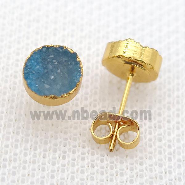 blue druzy agate earring studs, gold plated