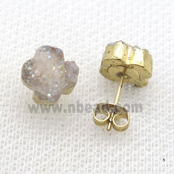 white druzy agate earring studs, gold plated