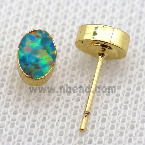 synthetic Fire Opal oval Stud Earrings, gold plated