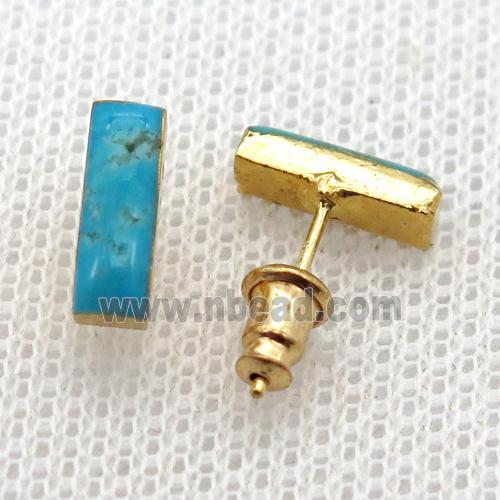Blue Magnesite Turquoise Stud Earring Rectangle Gold Plated