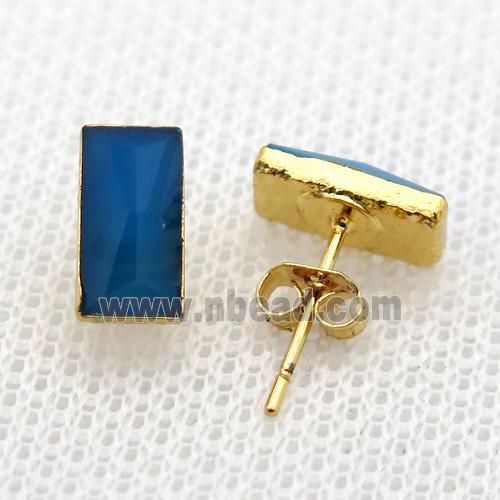 blue crystal glass Stud Earrings, rectangle, gold plated