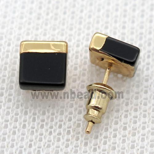 black Onyx Agate Stud Earrings, square, gold plated