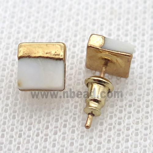 white Pearlized Shell square Stud Earrings, gold plated