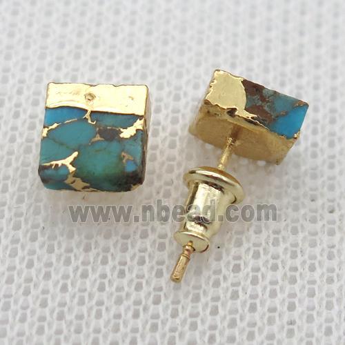 Natural Turquoise Stud Earring Square Gold Plated