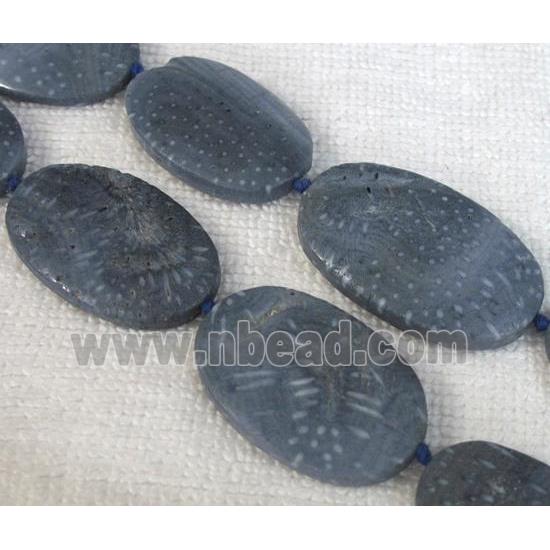 Coral Fossil Beads, chrysanthemum, blue, flat oval