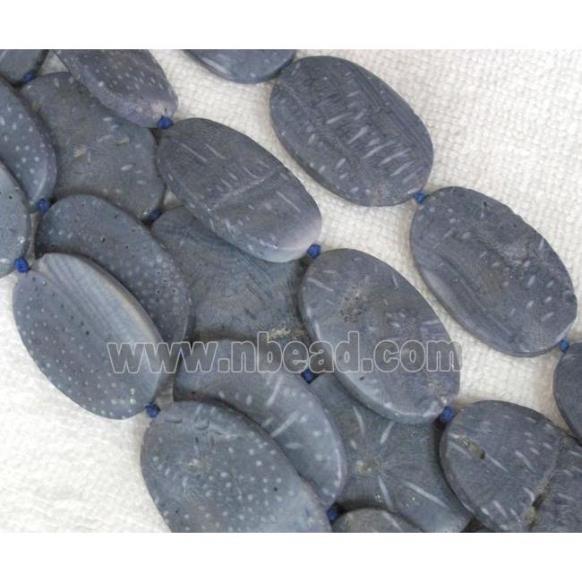 Coral Fossil Beads, chrysanthemum, blue, flat oval
