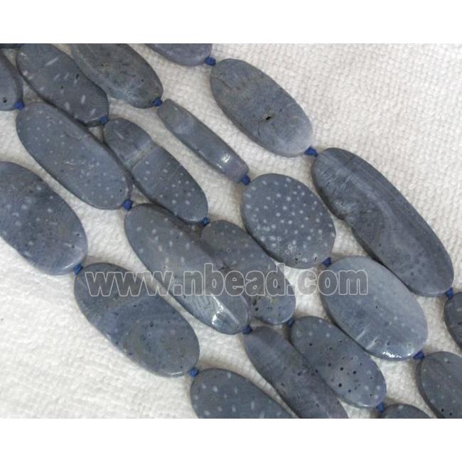 blue Coral Fossil Beads, chrysanthemum, flat oval
