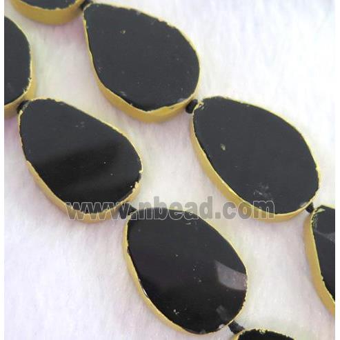 black agate bead, teardrop, gold plated