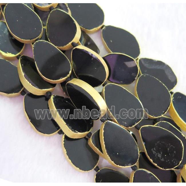 black agate bead, teardrop, gold plated