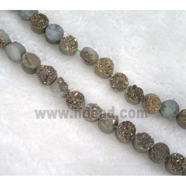 druzy quartz bead, flat round, gold electroplated