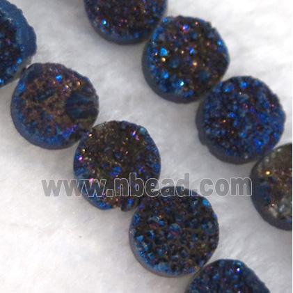 druzy quartz bead, flat round, blue electroplated