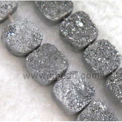 druzy quartz bead, square, silver electroplated