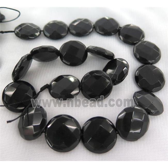 black agate onyx bead, faceted flat-round