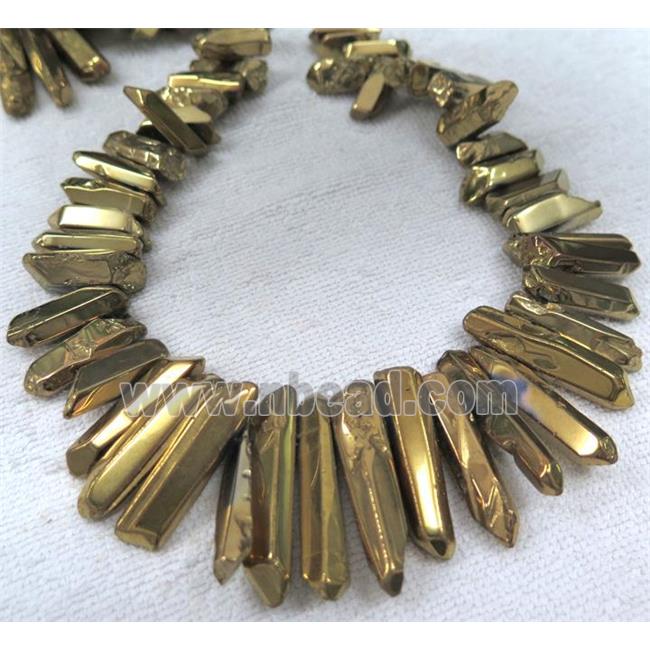 Clear Quartz beads for necklace, stick, gold electroplated, polished