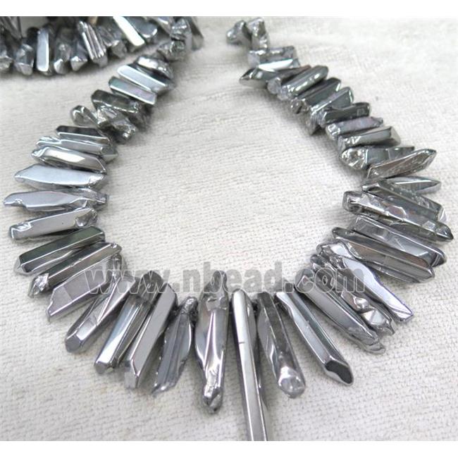 Clear Quartz beads for necklace, stick, silver electroplated, polished