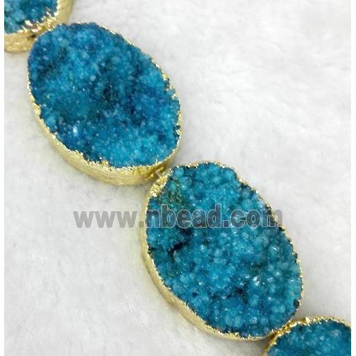 blue quartz druzy beads, oval, gold plated