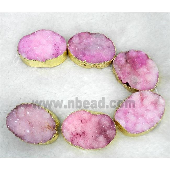 pink Druzy Quartz Beads, oval, gold plated