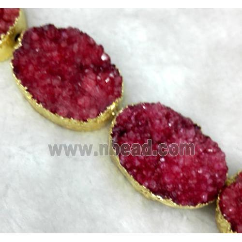 red Druzy Quartz beads, oval, gold plated