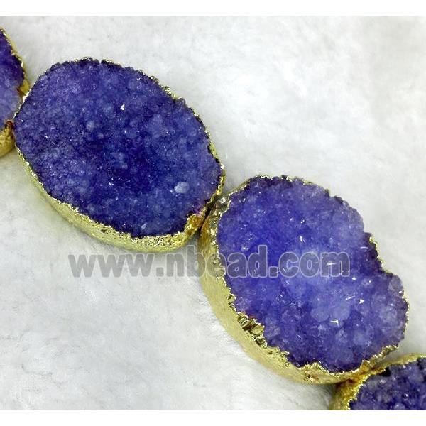 purple quartz druzy beads, oval, gold plated